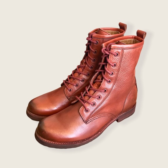 Frye Veronica Combat Red Clay Cognac Leather Lace Up Moto Everyday Ankle Boots - Picture 13 of 16